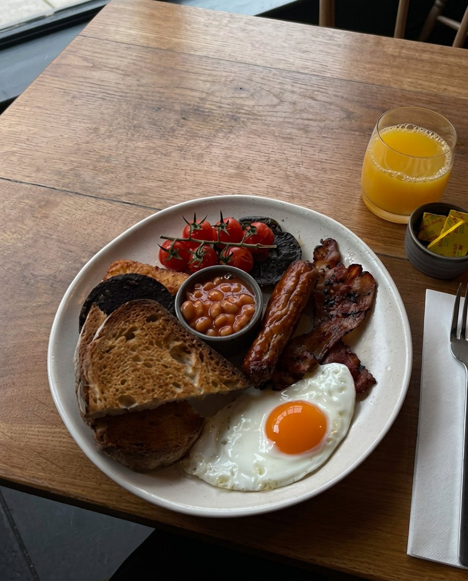 Full English — sausage, streaky bacon, mushroom, tomato, hash brown, beans and an egg of your choice, served with sourdough.