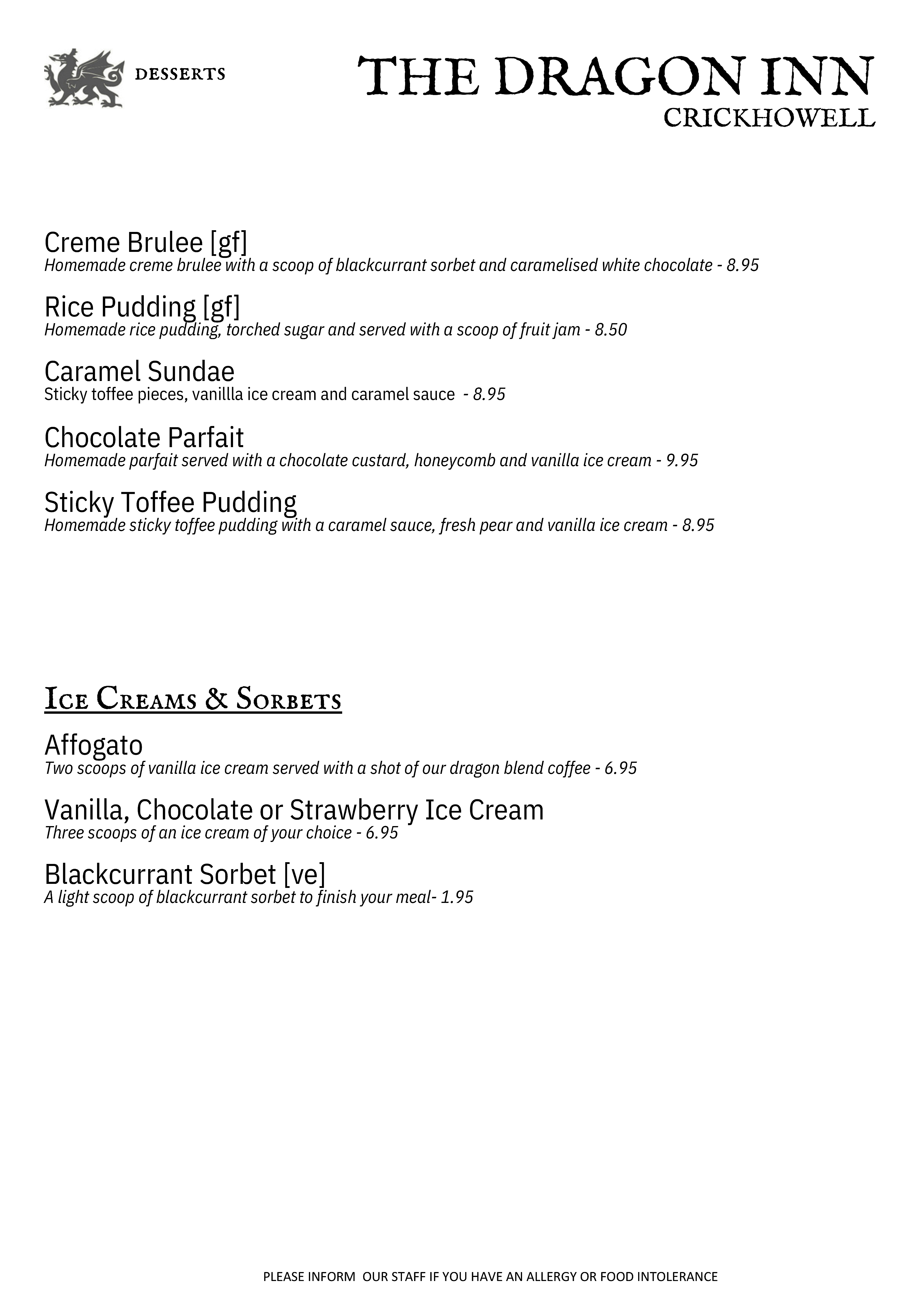Desserts menu at The Dragon Inn, Crickhowell