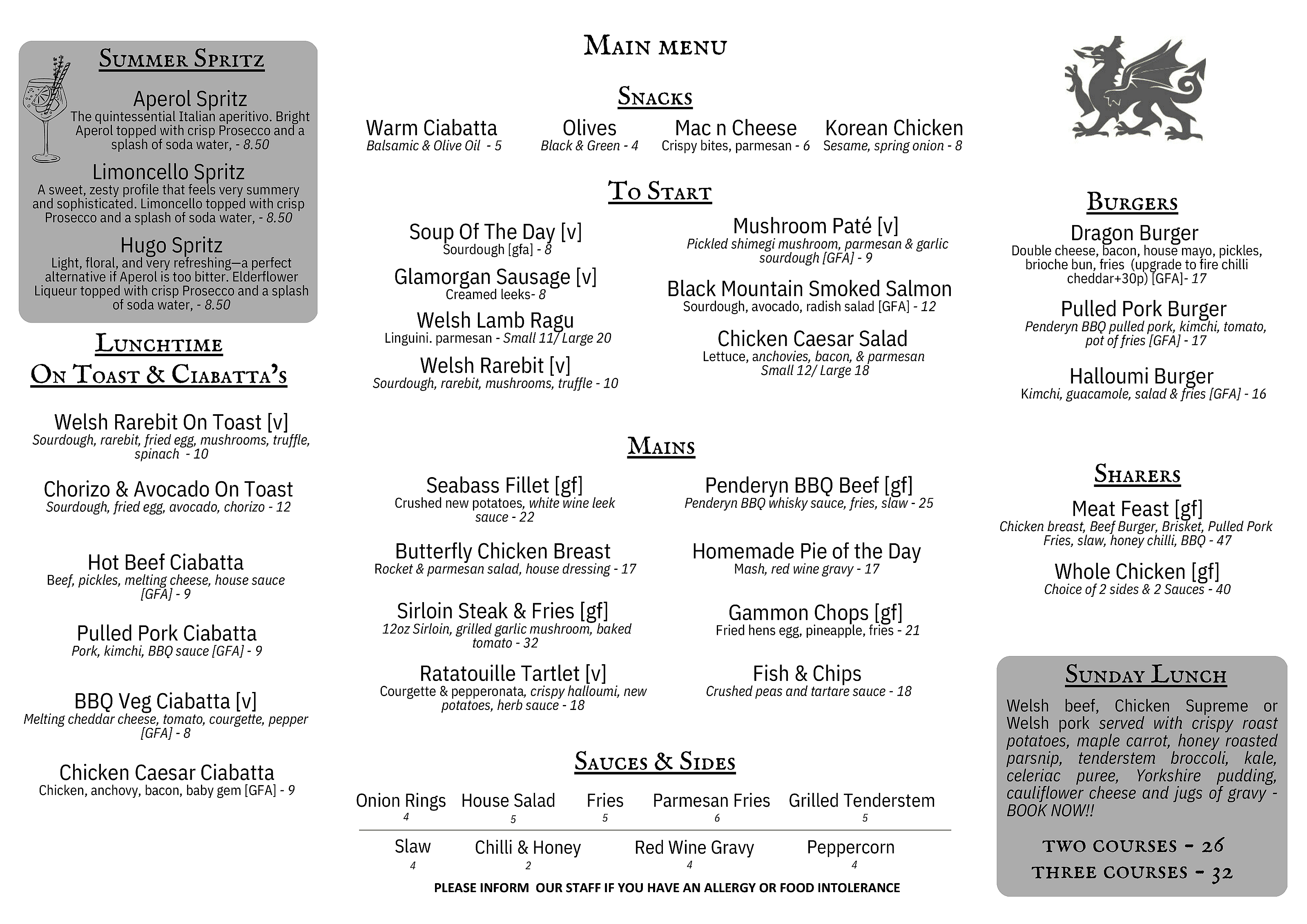 Menu menu at The Dragon Inn, Crickhowell