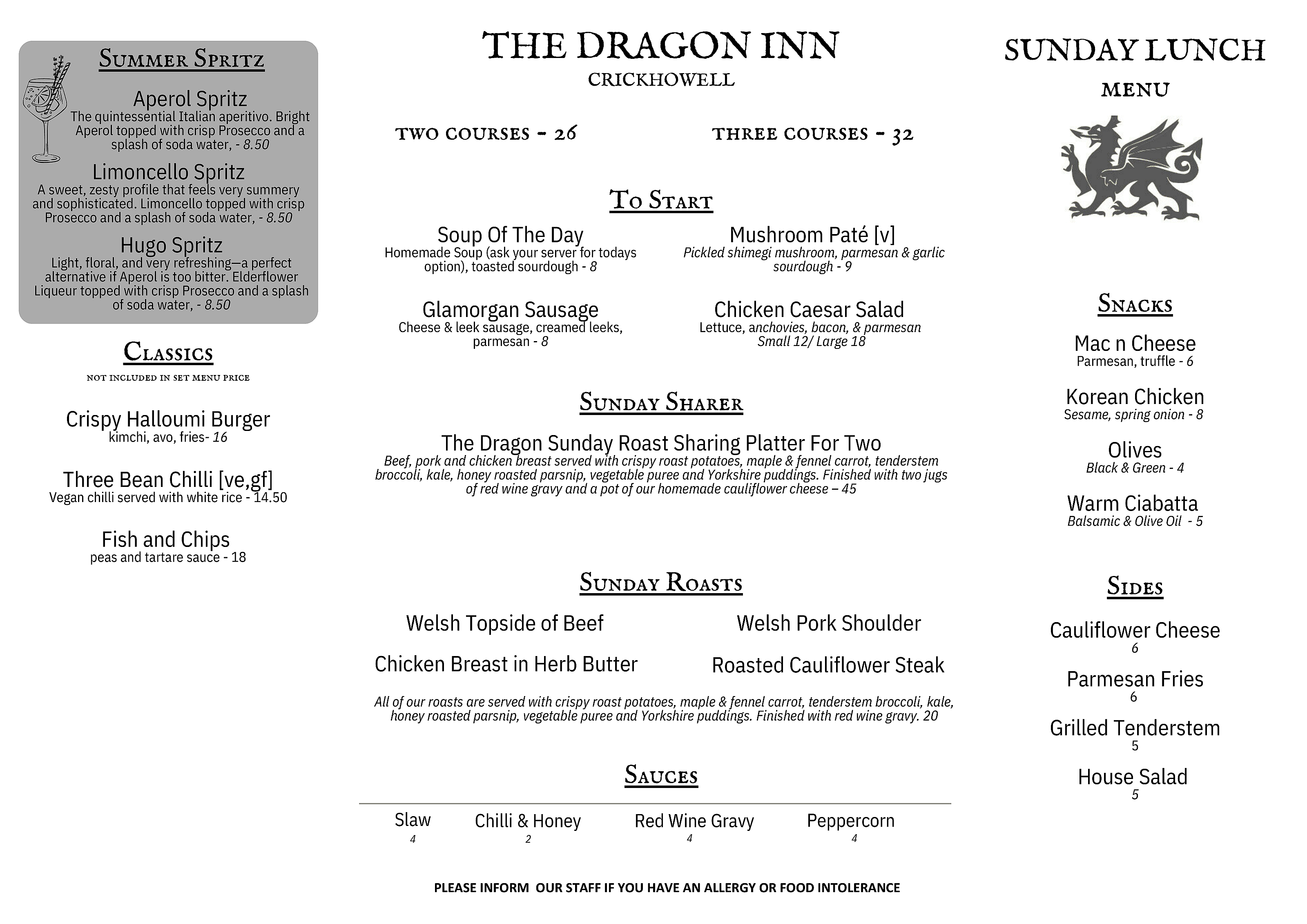 Sunday Lunch menu at The Dragon Inn, Crickhowell