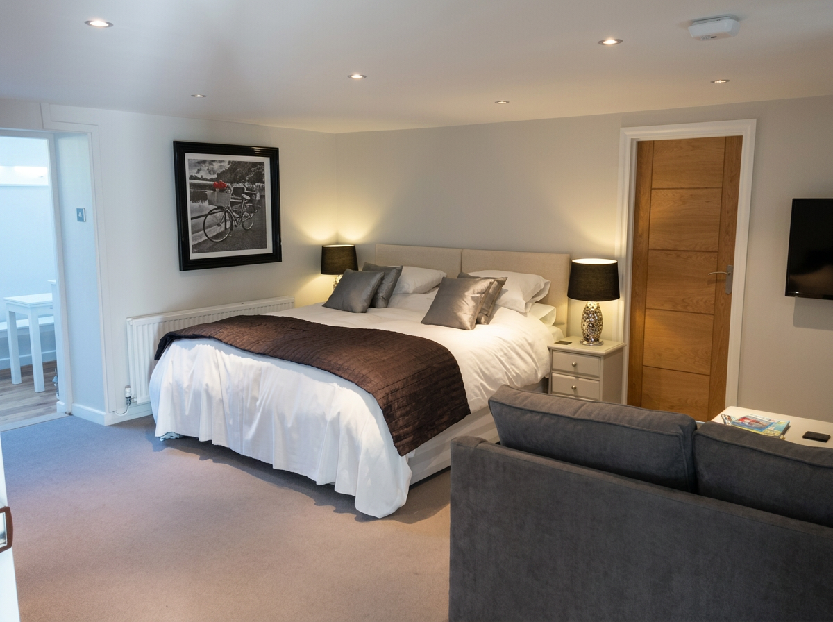 The family suite at The Dragon Inn with king bed, seating area and en-suite